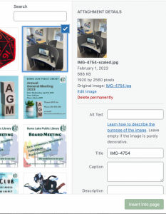 Screen snip of a WordPress site manager view, when inserting a media selection into a page. Used to demonstrate adding Alt Text for accessibility purposes.